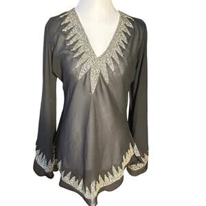 Vintage Black Sheer Silk Large Silver Beaded Embellished Formal Blouse